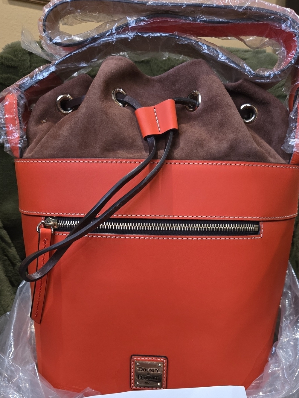 Dooney & Bourke Pumpkin Pebble Leather Suede-Trim Drawstring Shoulder/Hobo Bag